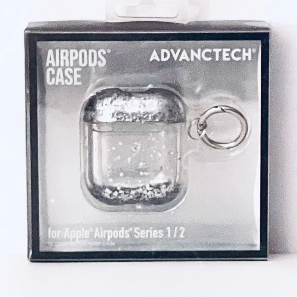 NWT ADVANTECH Clear case cover Apple AirPods Series 1 & 2 Silver Glitter Keyring